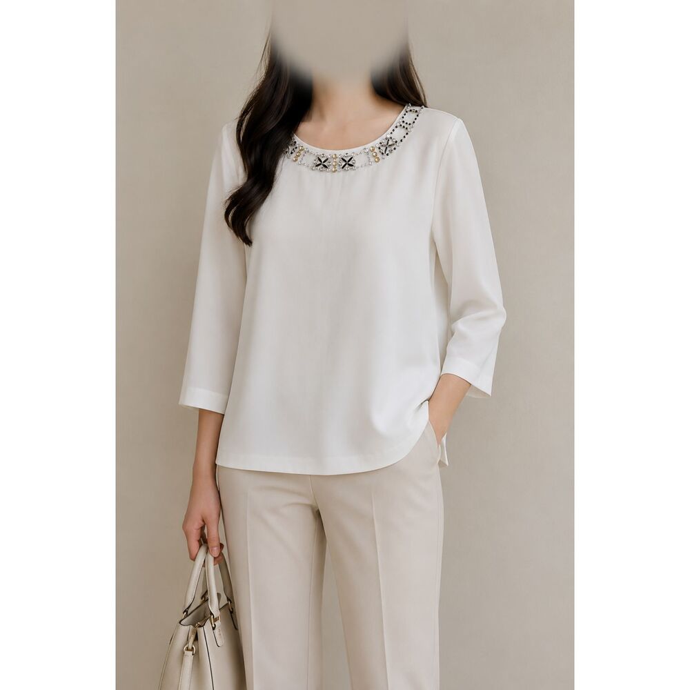 Karl Lagerfeld White Embellished Blouse 3/4 Sleeve Elegant Top Size Large